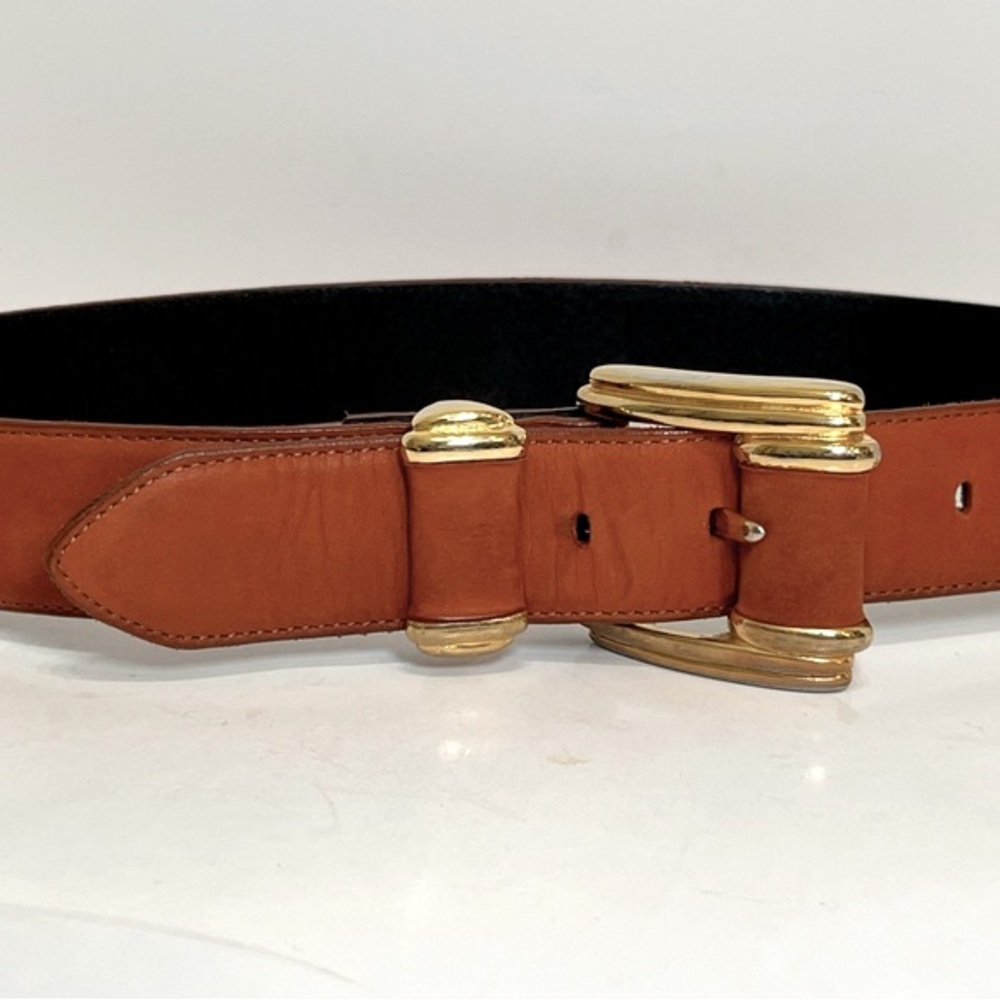 Ginnie Johansen Belt Cognac Leather Gold Tone Buckle Made in Italy Vintage 31”